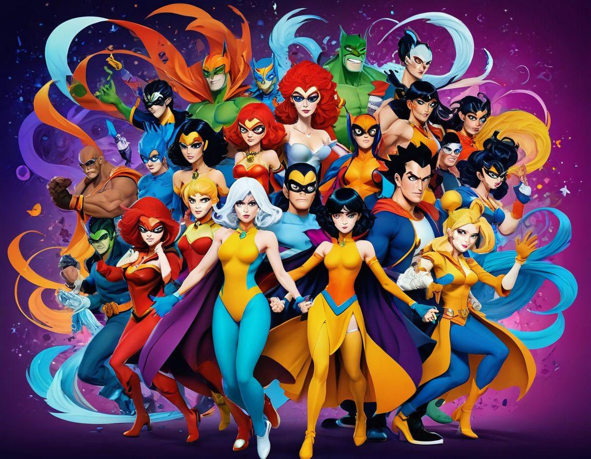 A vibrant collage showcasing various styles of adult animation and comics, featuring bold characters in dynamic poses, rich colors, and intricate details. Incorporate elements of fantasy and sensuality while maintaining an artistic flair, displaying scenes that are playful yet sophisticated. The background should be abstract, evoking a sense of creativity and exploration. Include hints of iconic imagery from the genre. super-realistic. vibrant colors. dynamic composition.